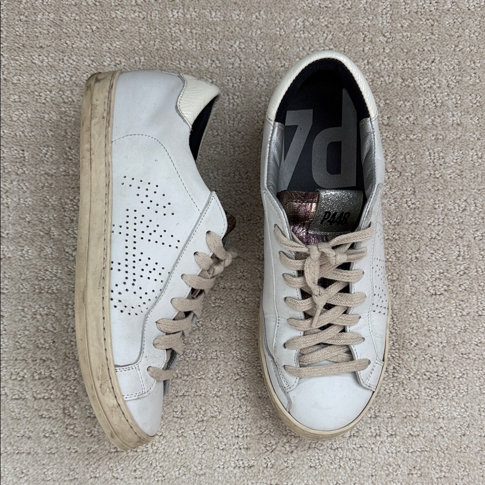 P448 White Leather Sneakers with Beige Laces and Metallic Accent